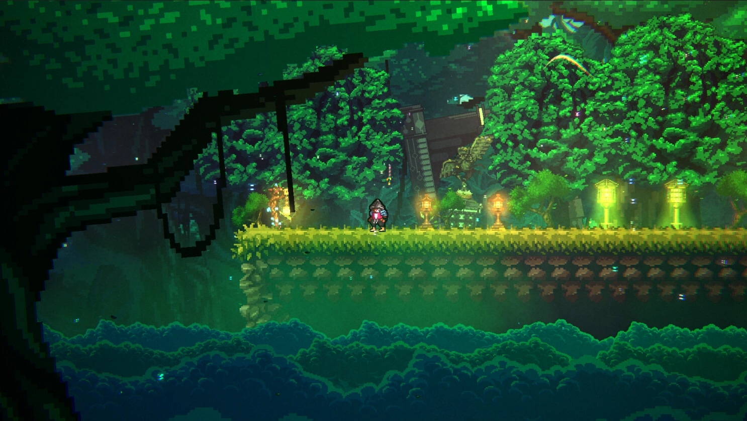 Atomic Owl: Hidalgo Bladewing stands on a lush pixel-art platform surrounded by glowing lanterns