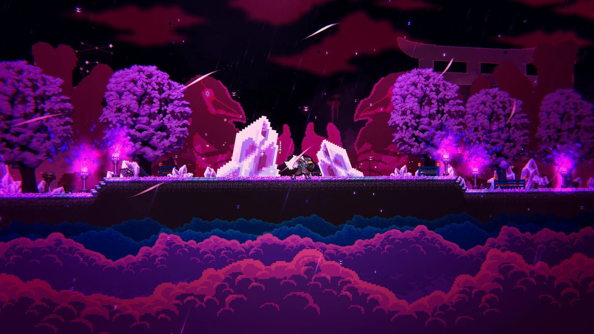 Atomic Owl: Hidalgo Bladewing stands amidst glowing trees and crystals in a vibrant, neon-lit forest.