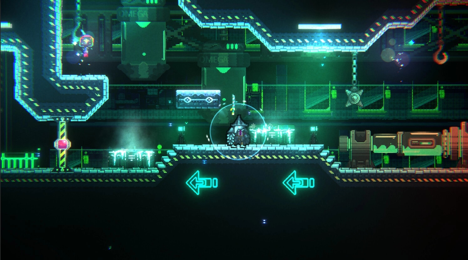 Atomic Owl: Hidalgo Bladewing exploring neon-lit industrial platform with glowing arrows and pipes