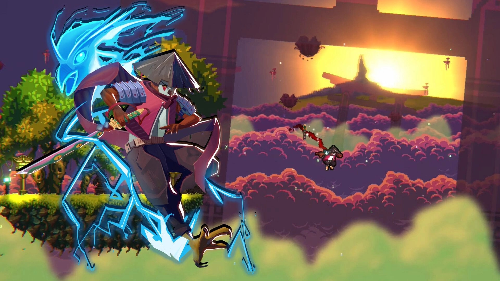 Atomic Owl: Hidalgo Bladewing soaring with electric aura over vibrant sunset clouds and ancient ruins