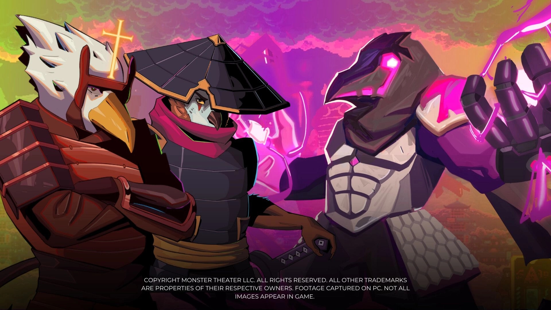 Atomic Owl: Three armored bird warriors strategizing in a vibrant, neon-lit battlefield setting