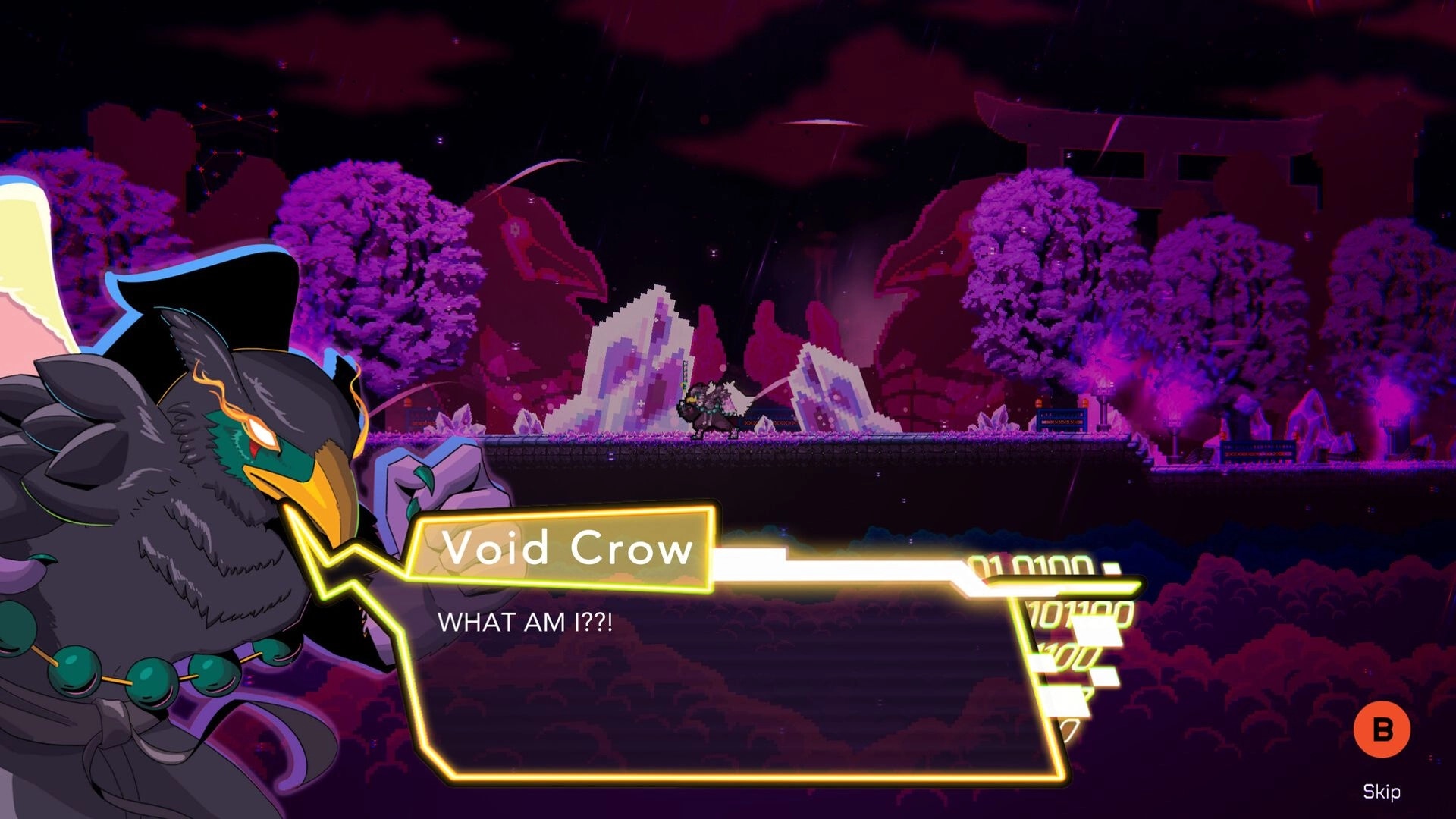 Atomic Owl: Void Crow dialogue with neon forest backdrop and pixelated crystals in the foreground