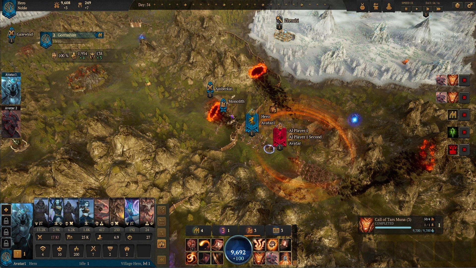 Atre: Overhead map view with heroes, armies, and UI displaying resources and spell options