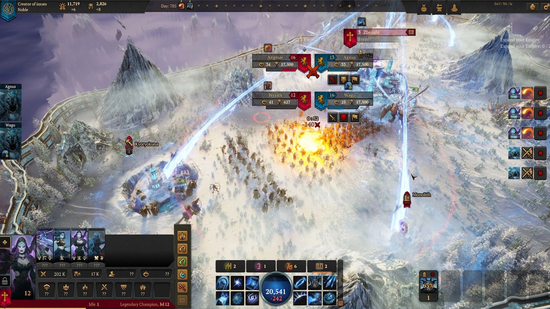 Atre: Large-scale battle with magic beams and army units in a snowy landscape with UI elements visible.