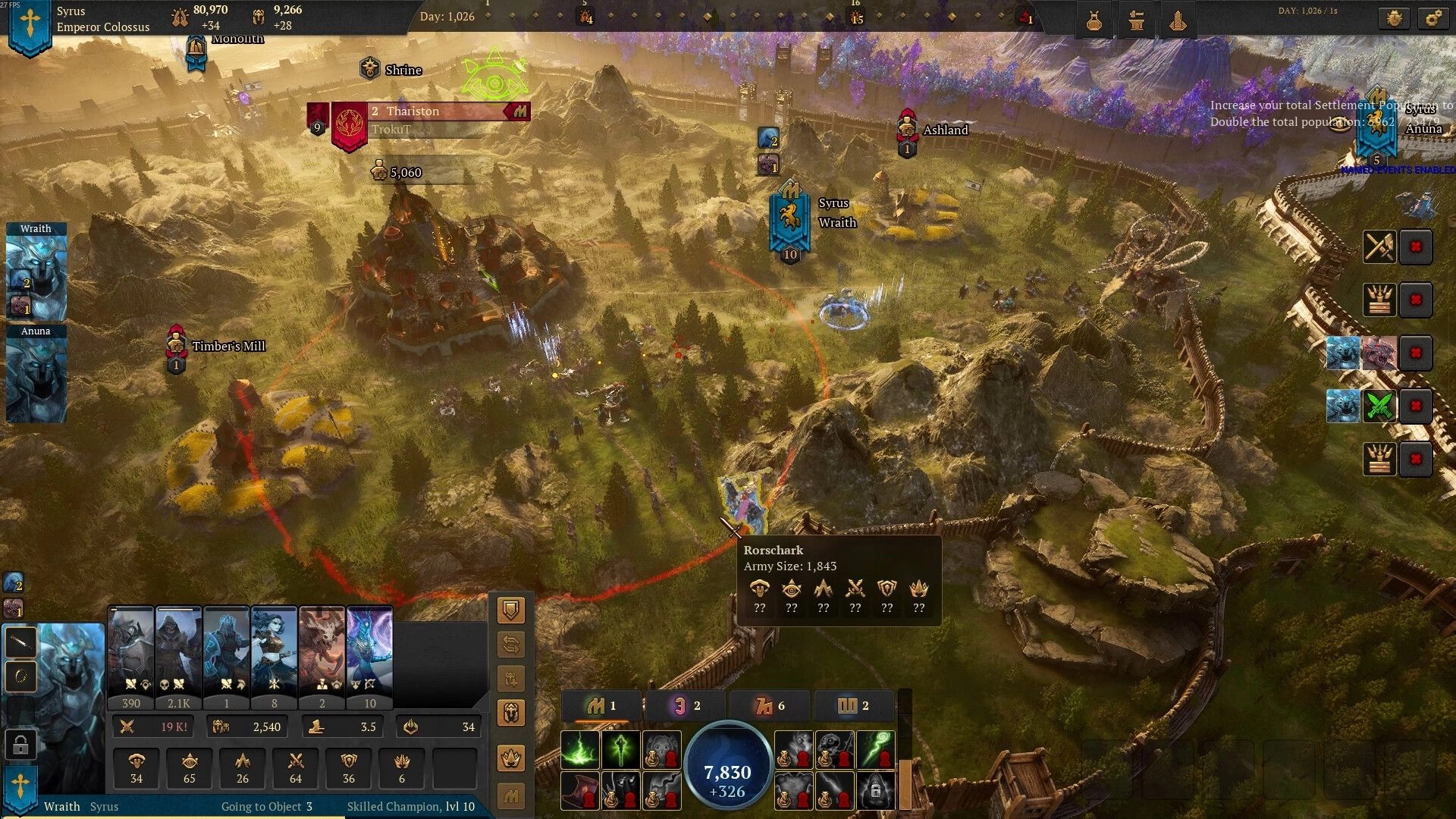Atre: Overhead view of Syrus and Anuna's armies near Timber's Mill with detailed UI elements displayed
