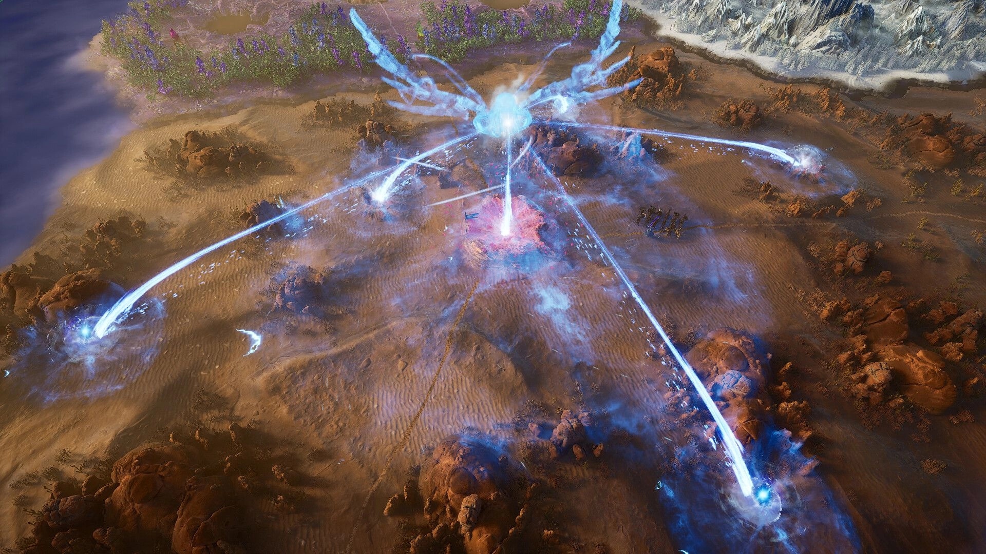 Atre: Aerial view of magical energy beams connecting across a barren landscape with rocky terrain