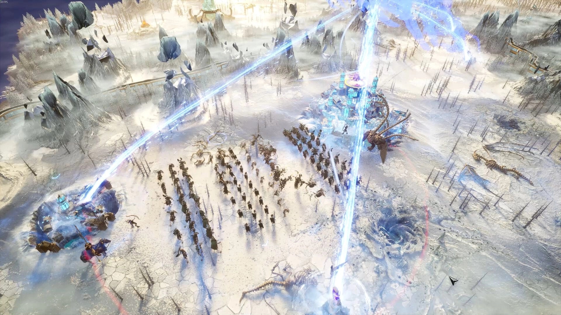 Atre: Armies in formation on a snowy battlefield with magical beams and icy landscape in view.