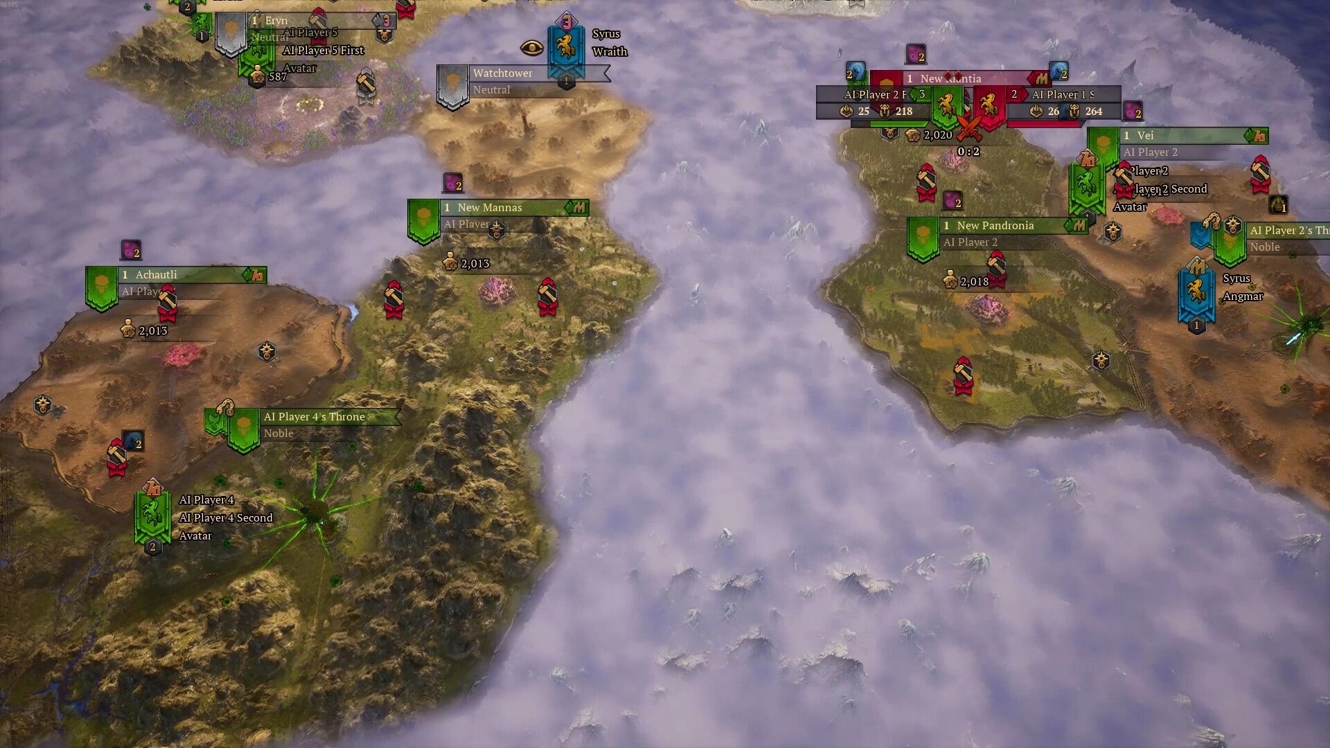 Atre: Strategic map view showing multiple territories with player and AI banners, resources, and troop icons.