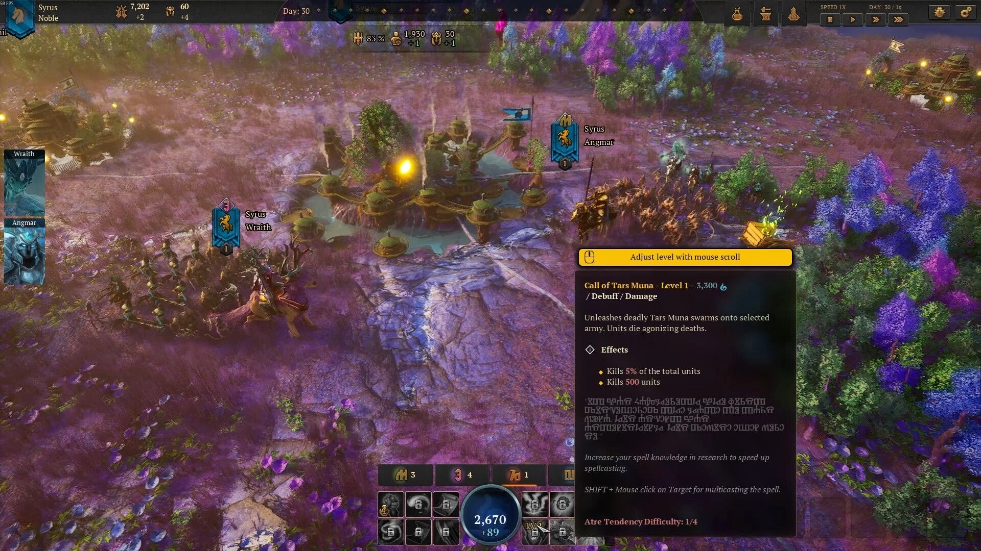Atre: Syrus leads a Wraith army near a mystical village with spell details displayed on the interface.