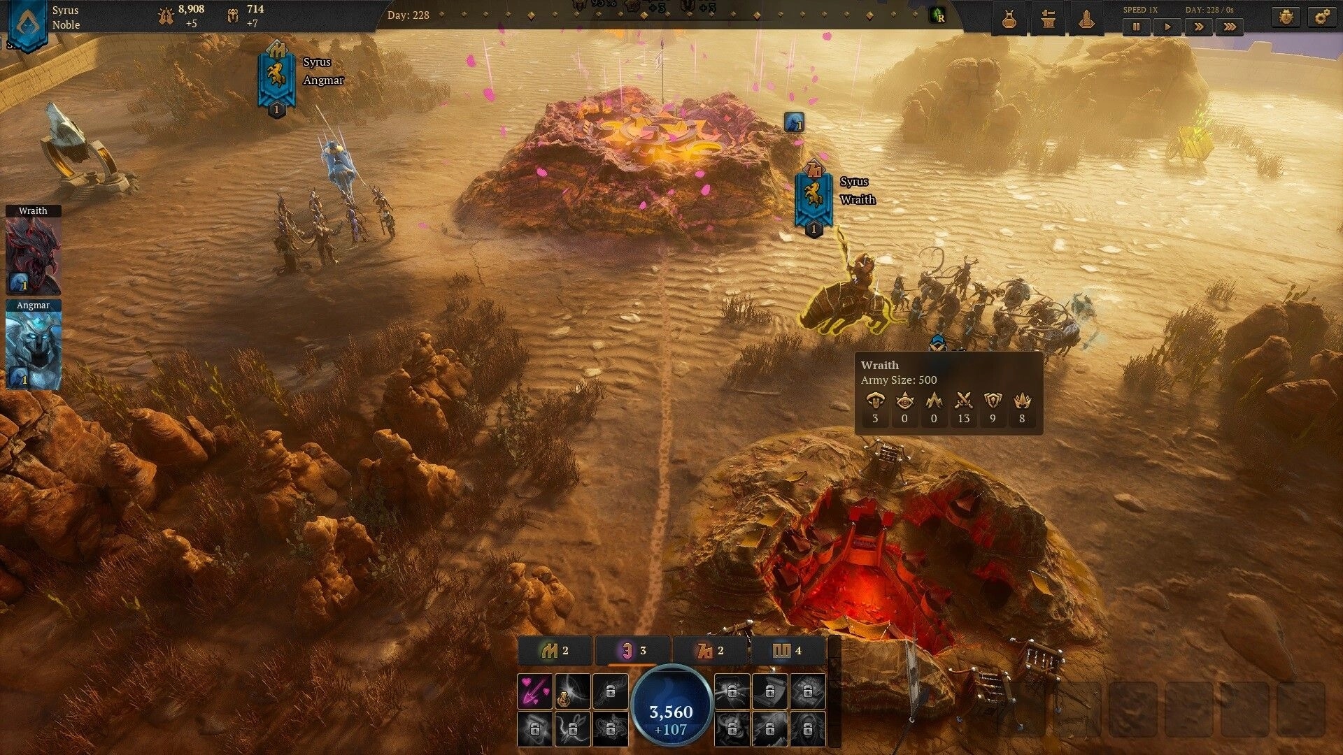 Atre: Syrus and Wraith armies advance near glowing crater in desert with resource and unit info displayed.