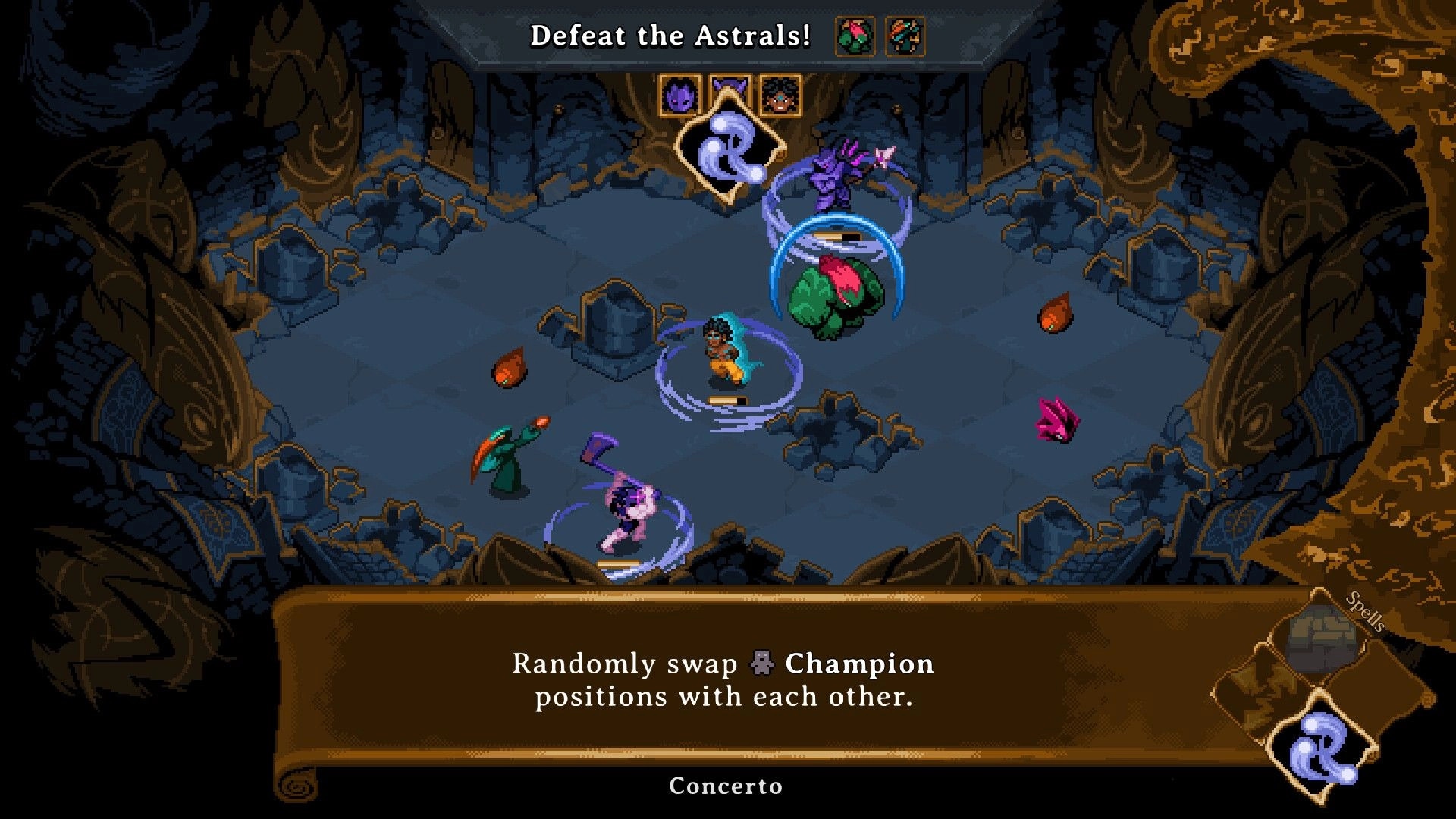 Attack of the Astrals: Trio of cosmic warriors battle enemies in dark stone chamber with strategic grid layout