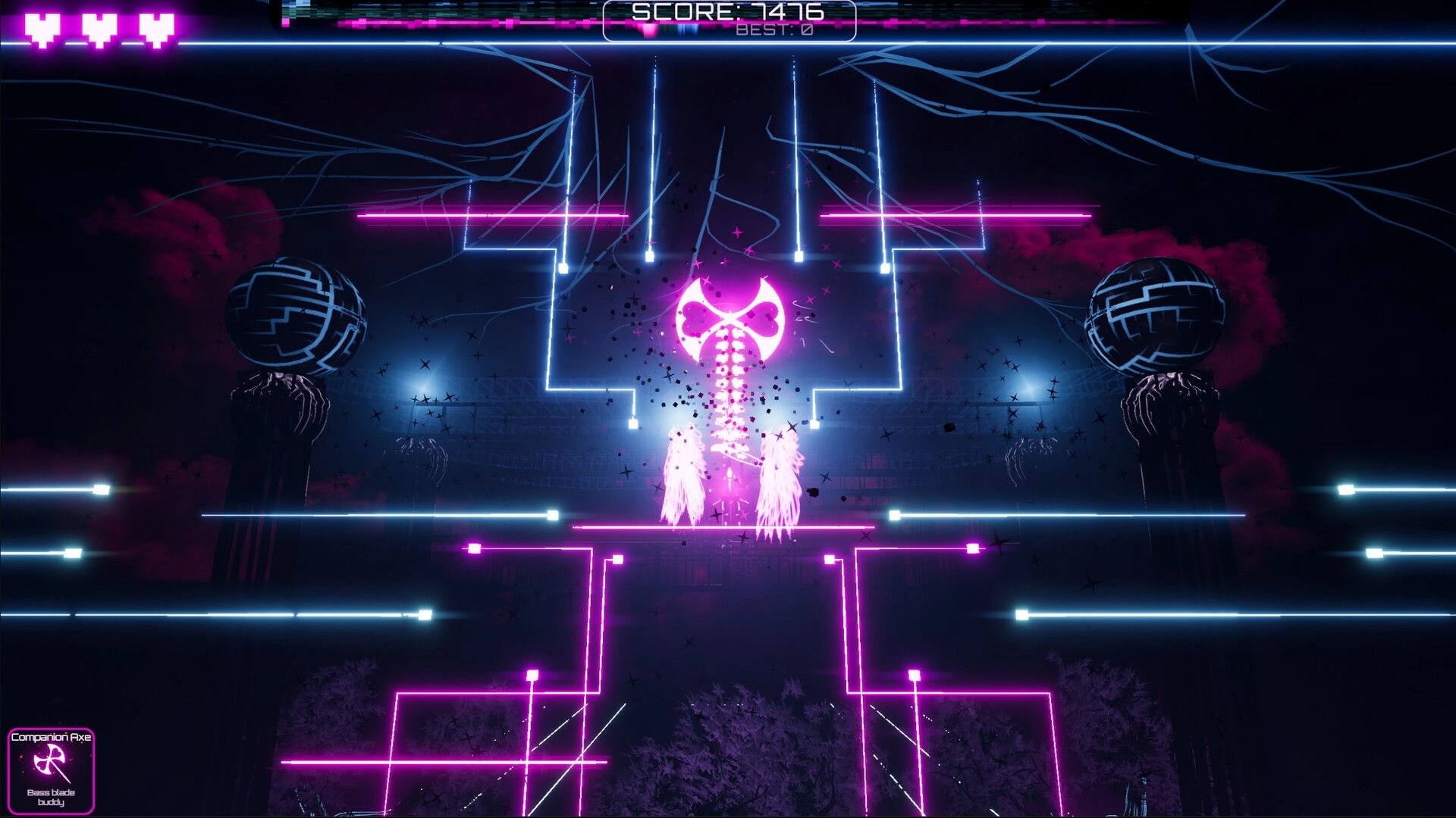 AUDIOMECH: Glowing neon structure with score display and pink companion axe in dark futuristic arena.