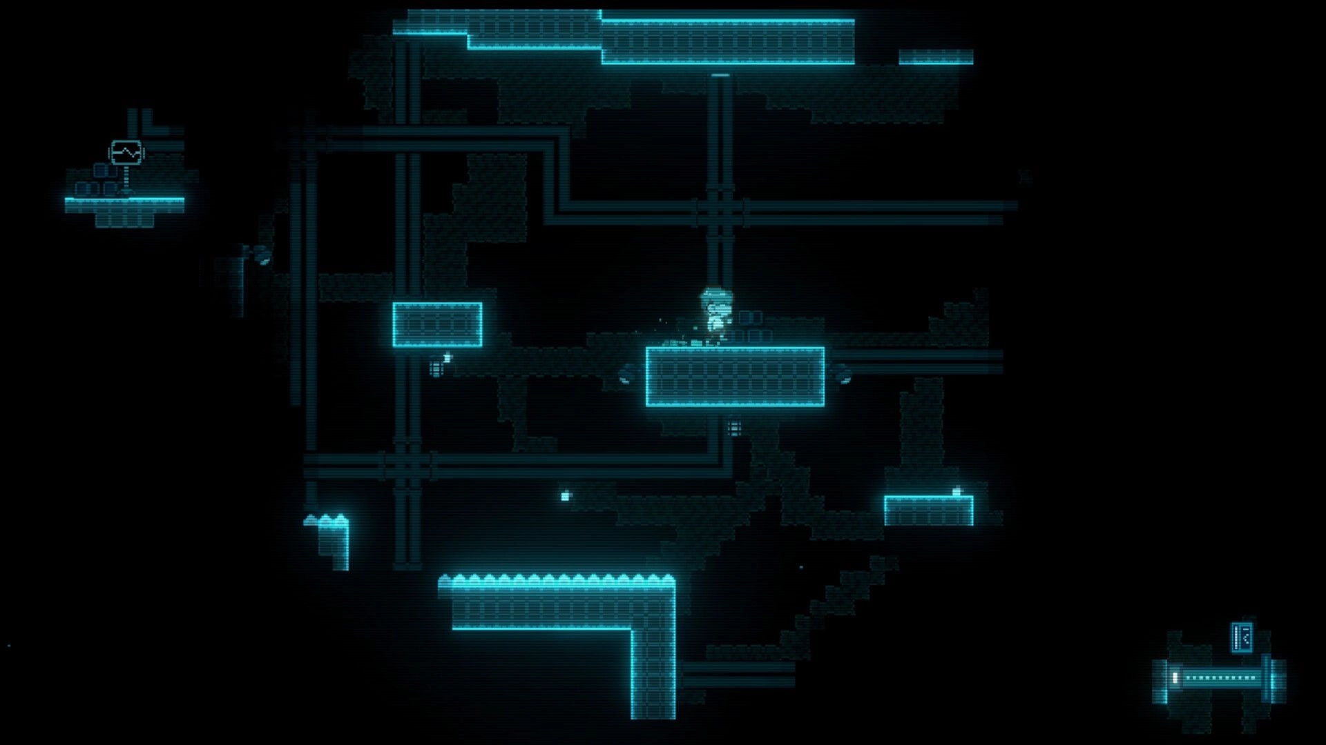 Auris: Blind boy stands on glowing platform amid pipes and spikes in a dark lab maze level.