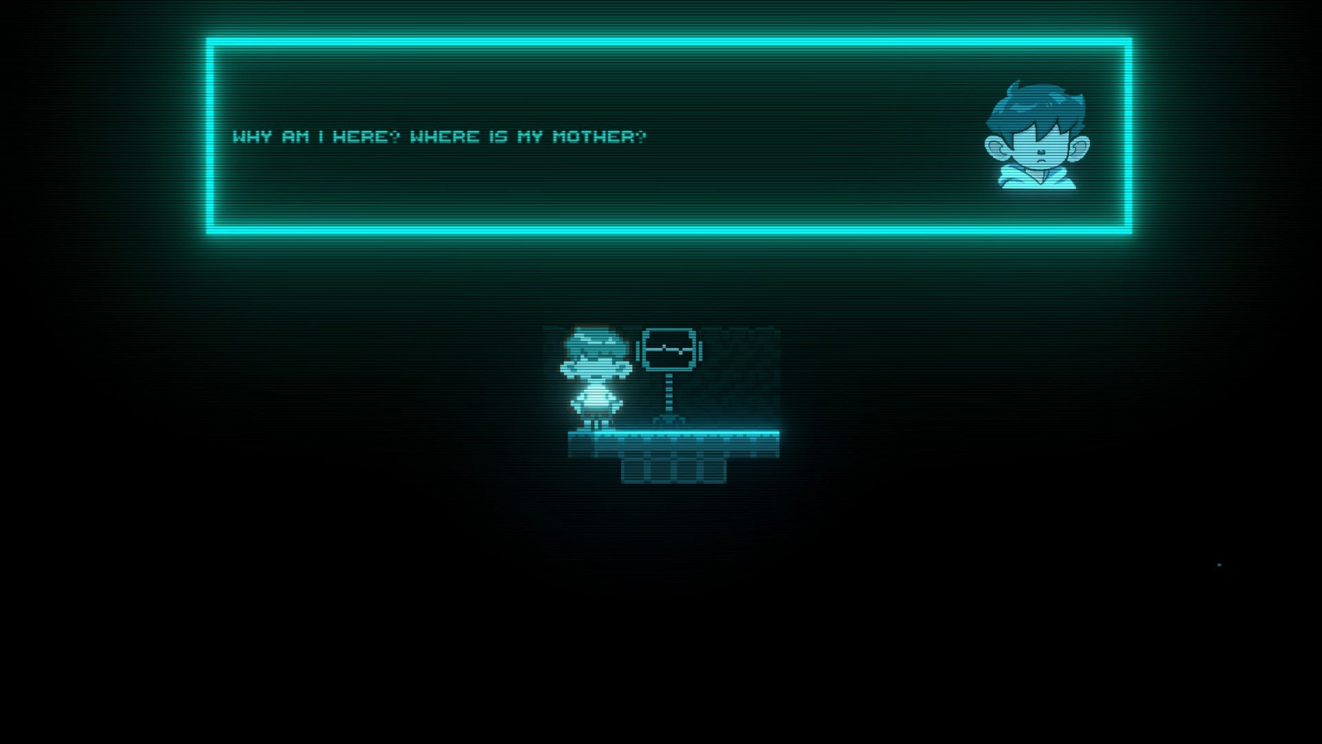 Auris: Dialogue box says "WHY AM I HERE? WHERE IS MY MOTHER?" above a dim lab platform scene.