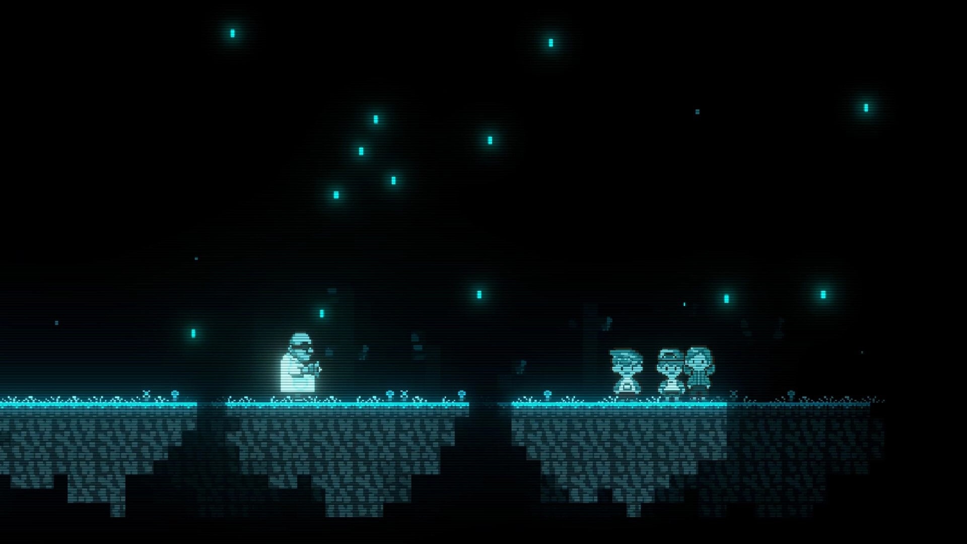 Auris: Three pixel characters face a masked scientist across floating platforms in a dark cavern.