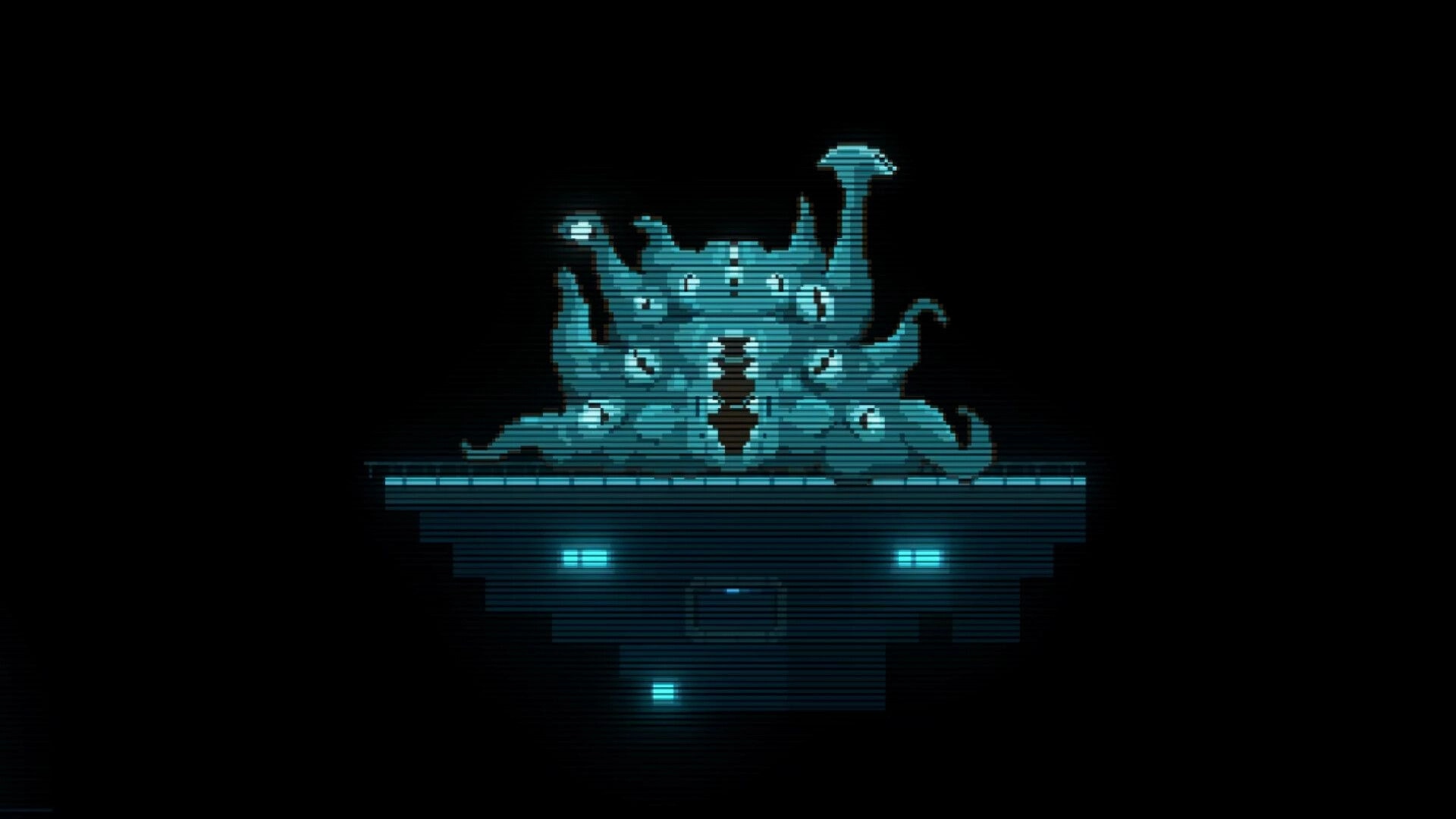 Auris: Glowing echolocation outline of a tentacled monster looming over a dark lab platform.