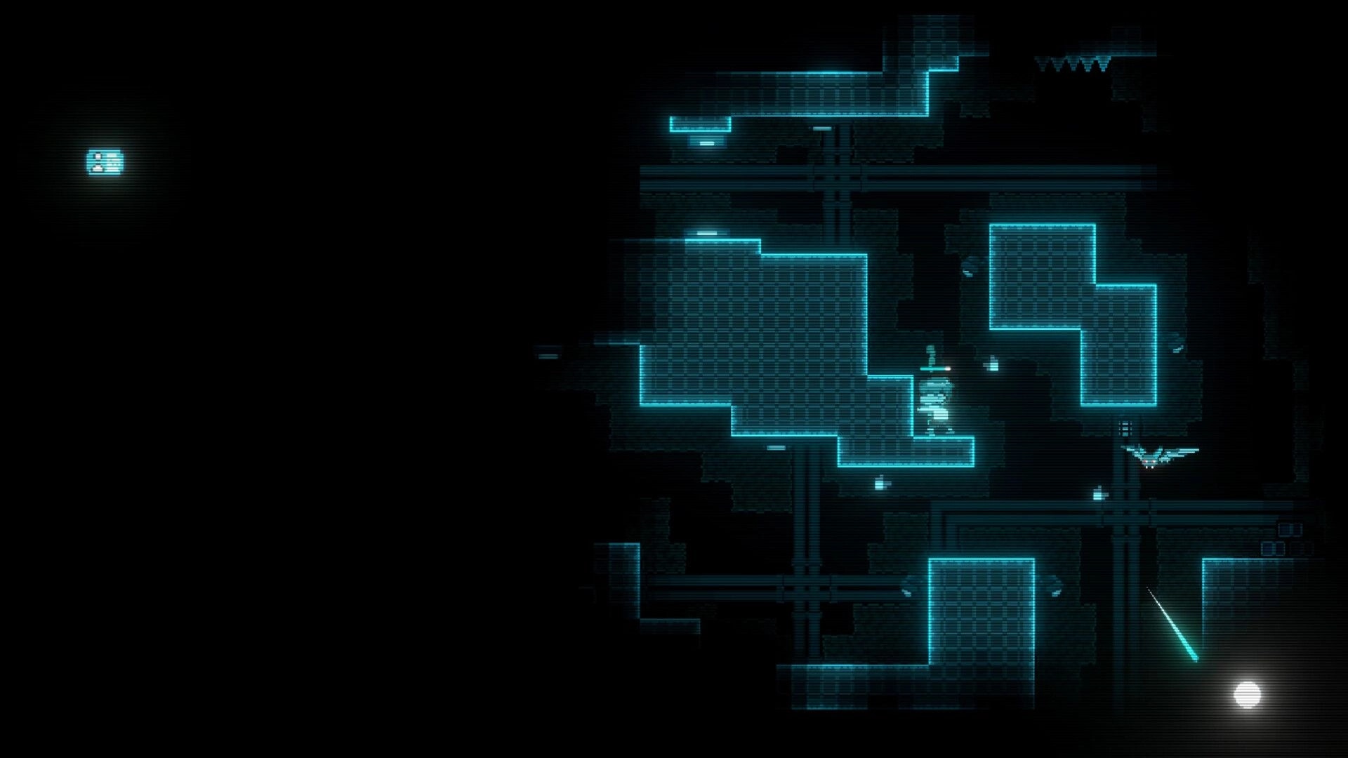 Auris: Echolocation outlines glowing platforms and corridors in a dark lab, small bat enemy nearby.