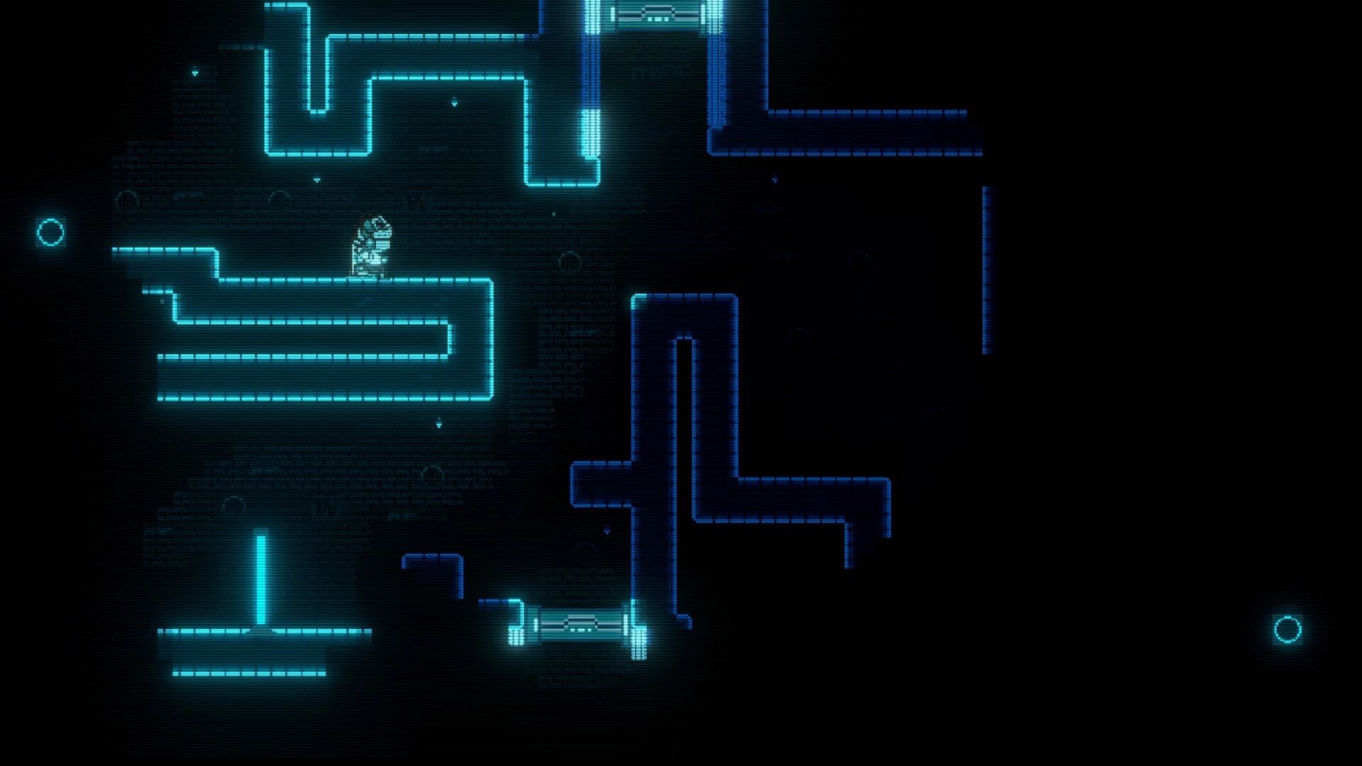 Auris: Player stands on glowing cyan platforms amid dark maze-like lab corridors and pipes.
