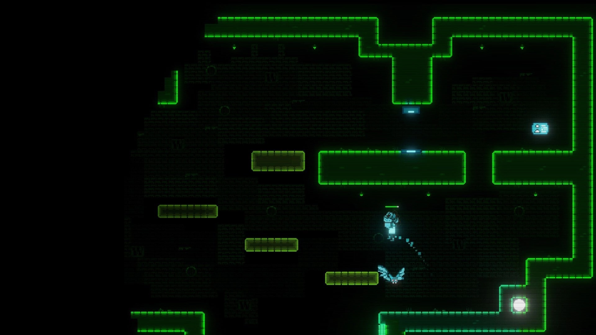 Auris: Player character leaps between glowing platforms in dark lab maze with a bat enemy below.