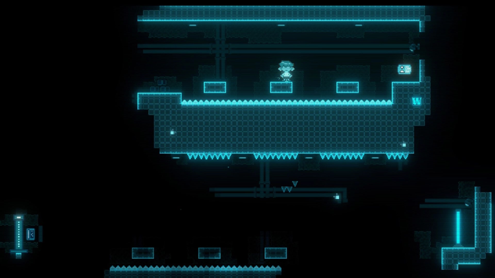 Auris: Pixel hero hops across small platforms above spikes in a neon-blue lab corridor puzzle room.