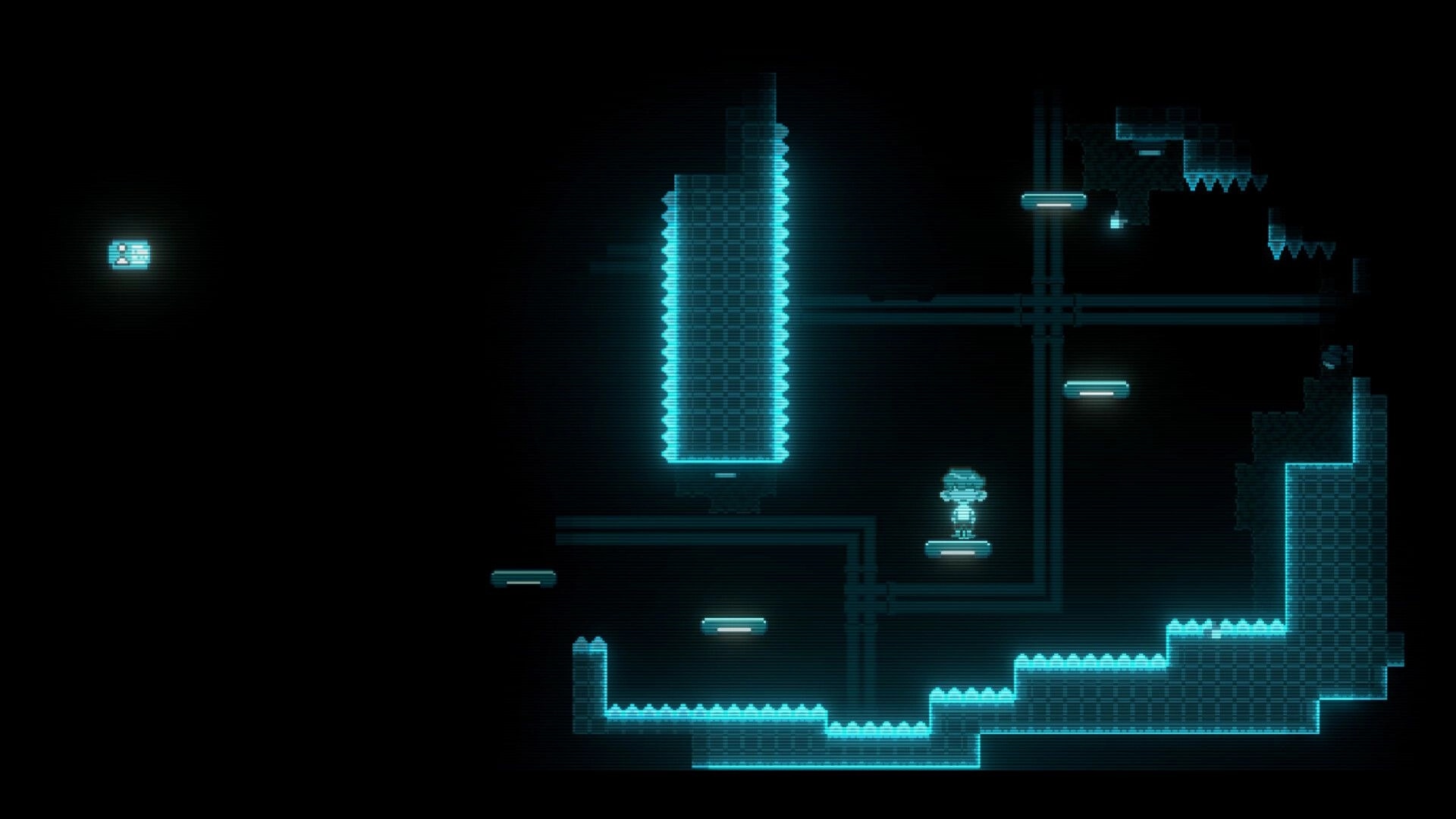 Auris: Blind kid stands on a small platform amid glowing spikes and neon lab corridors in darkness.
