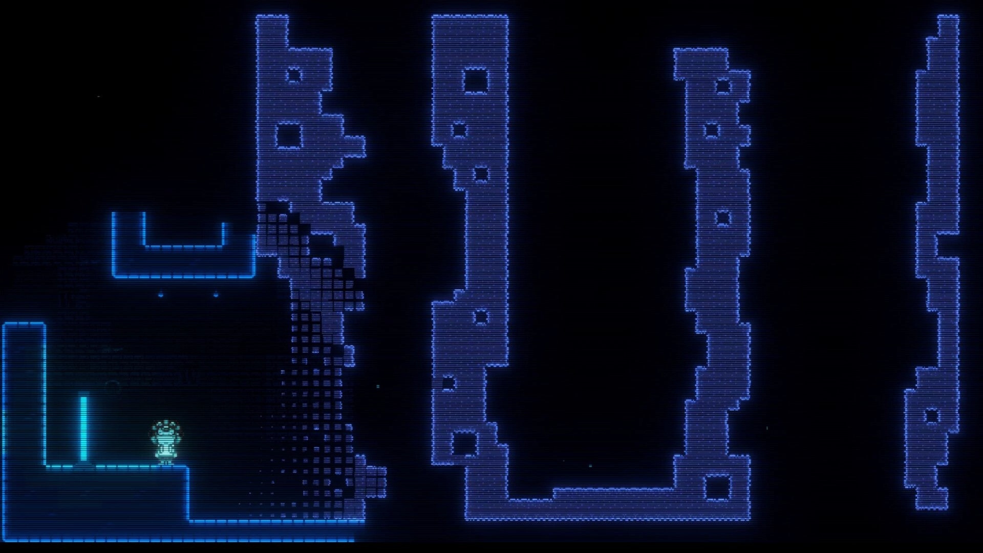 Auris: Blind boy stands on glowing platform as echolocation outlines tall lab corridors in blue.