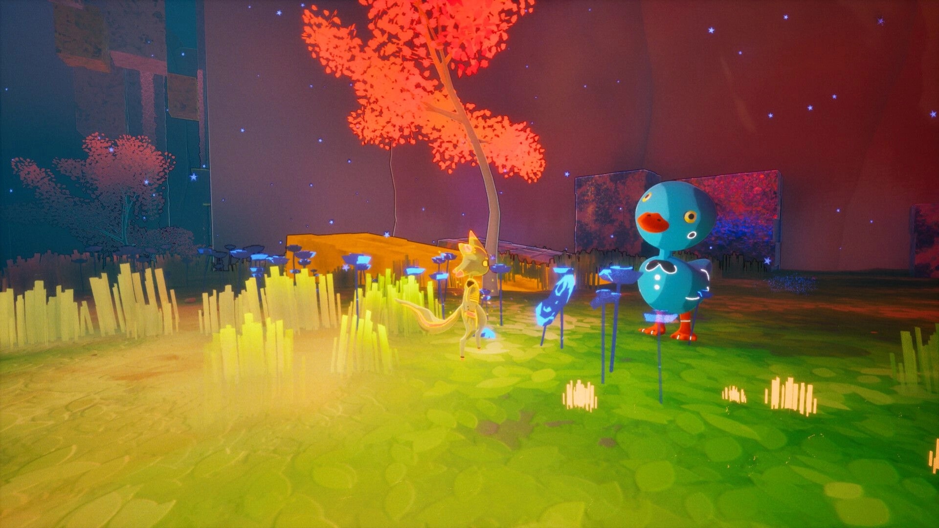 Aurora Heights: Hoshi and a glowing bird explore a vibrant meadow under a starry sky with red trees