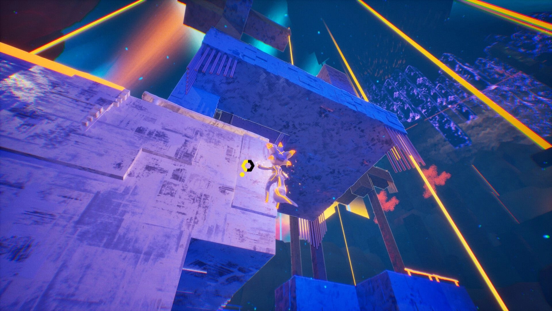 Aurora Heights: Hoshi climbing neon-lit platforms in a vibrant, futuristic sky environment