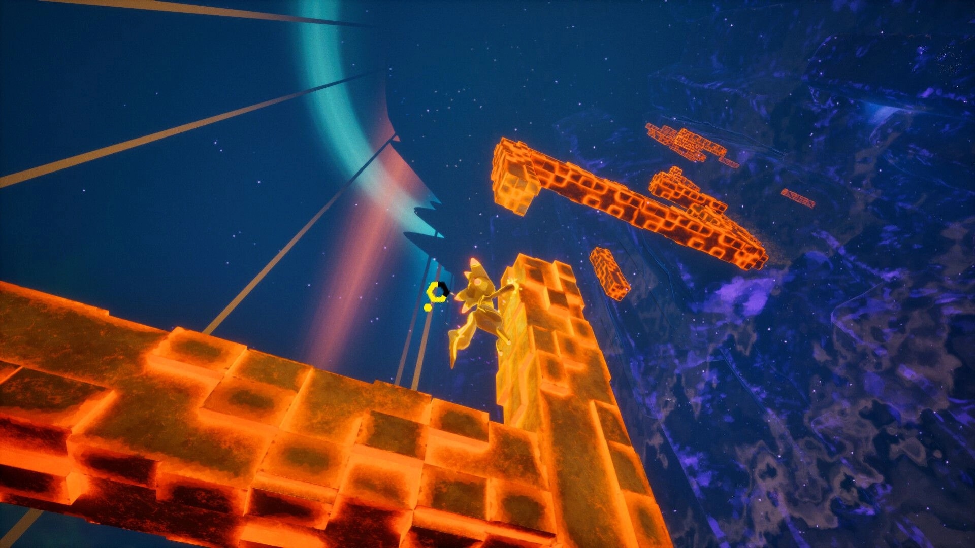 Aurora Heights: Hoshi climbing glowing orange platforms in a starry sky with aurora in the background