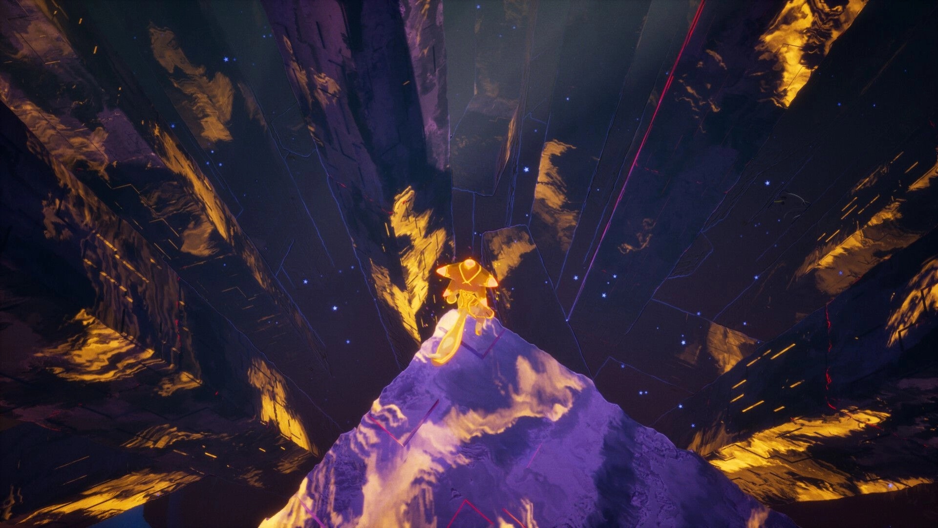 Aurora Heights: Hoshi stands on a glowing peak surrounded by towering golden cliffs and distant stars