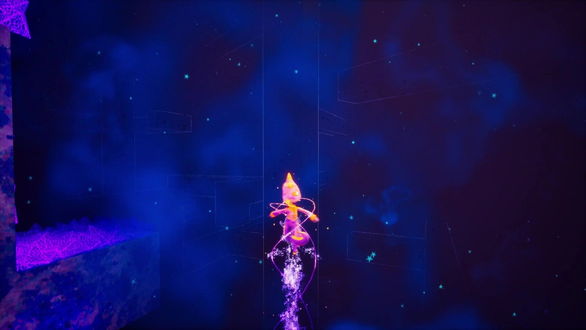 Aurora Heights: Hoshi ascending in a glowing spiral trail amidst cosmic platforms and starry night sky