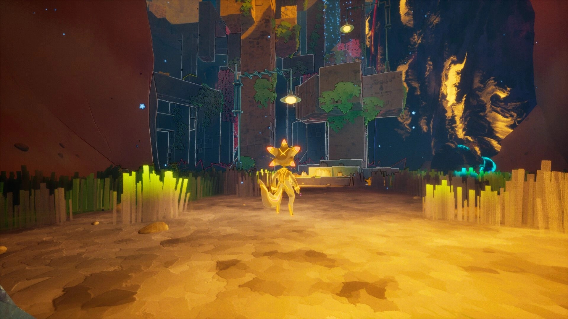 Aurora Heights: Hoshi exploring a vibrant, overgrown cavern with towering structures and glowing crystals