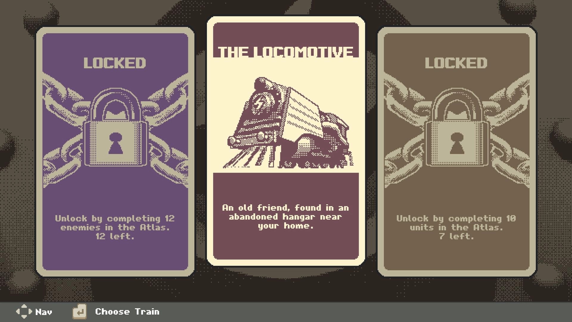 Australia Did It: Train selection menu with The Locomotive card and two locked options displayed