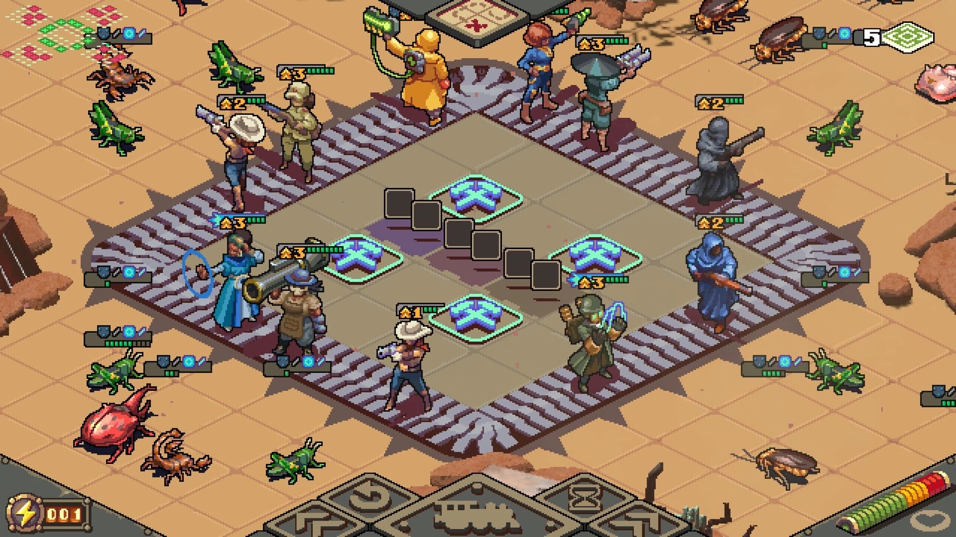 Australia Did It: Mercenary team battles bugs on a grid with strategic unit placement in desert terrain.