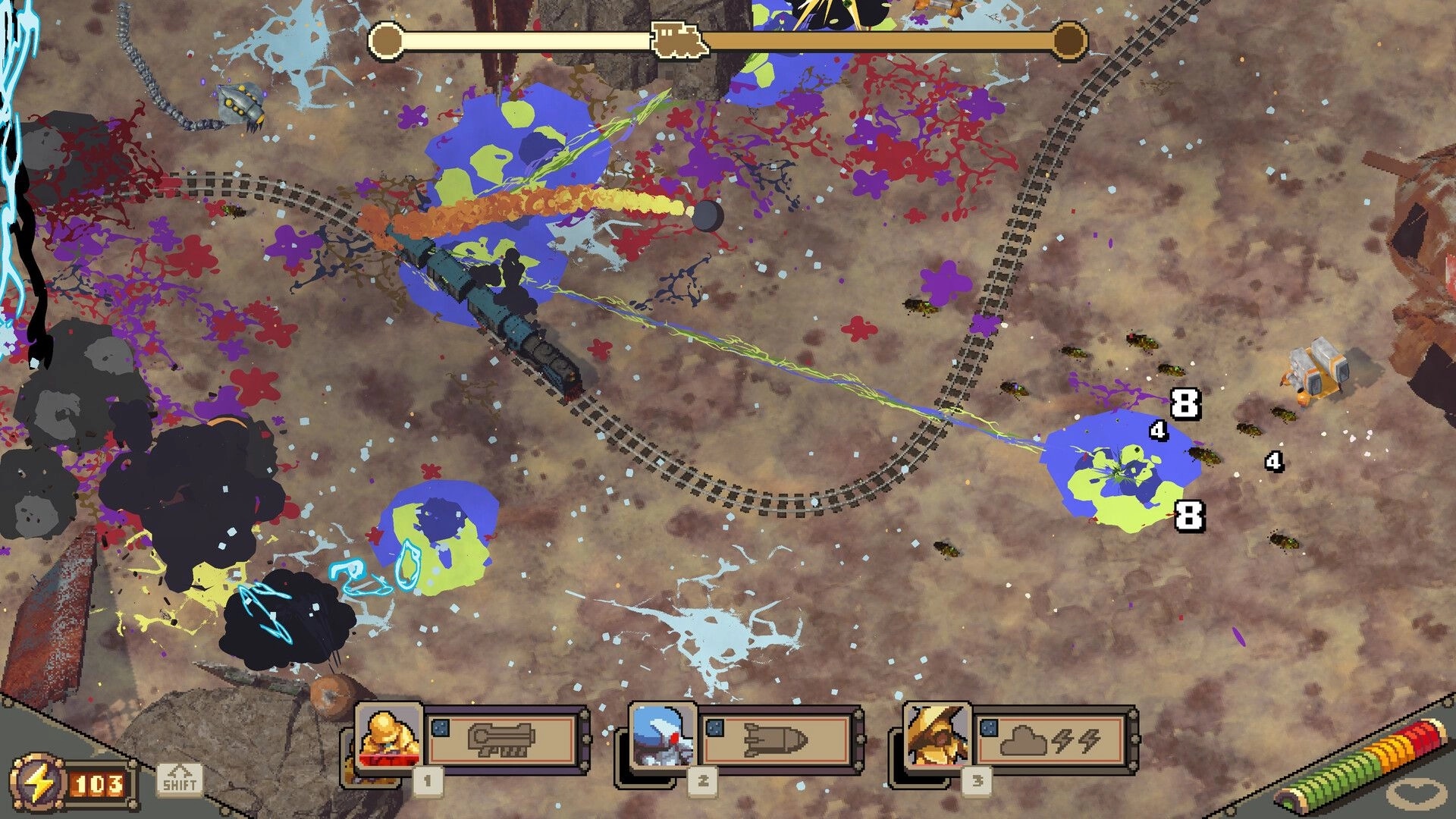 Australia Did It: Battle scene with colorful explosions and train tracks on a desert battlefield.