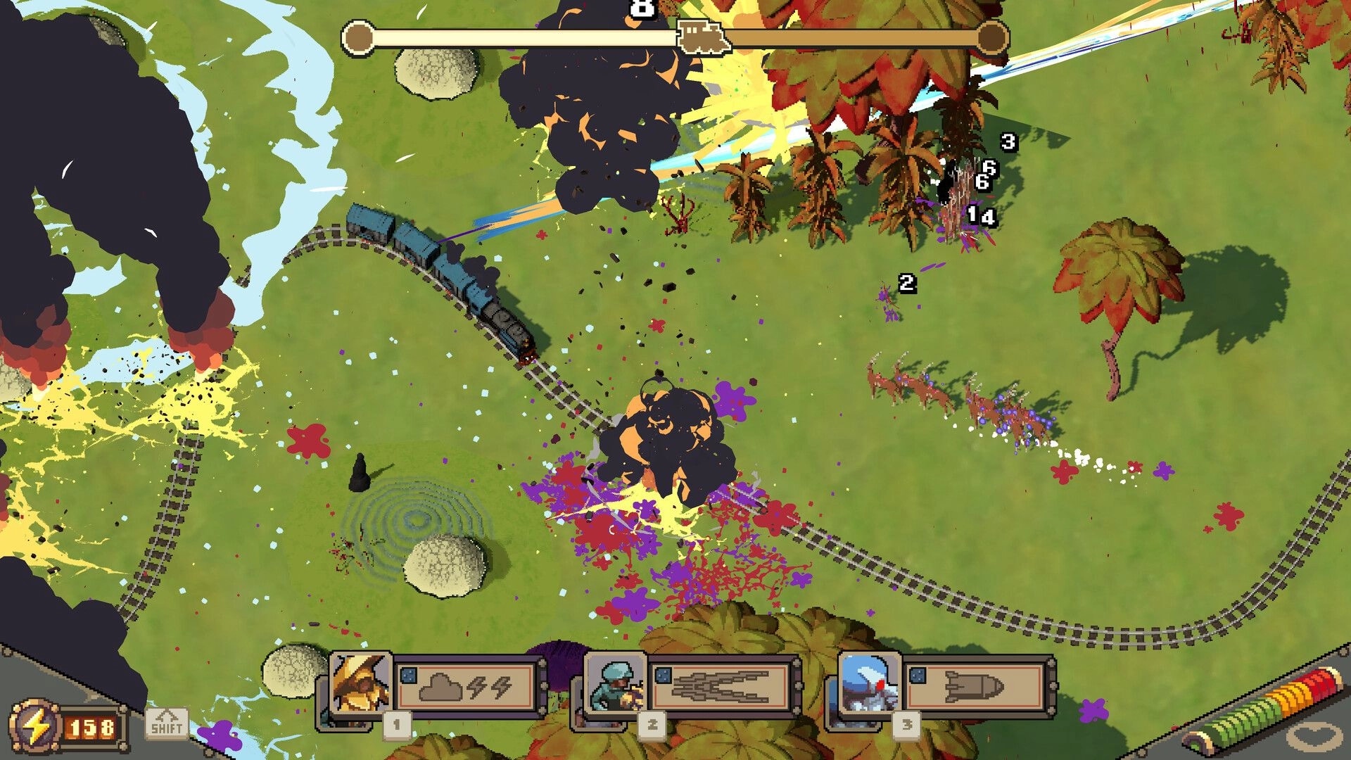 Australia Did It: Explosive battle scene near train tracks with unit deployment and enemy waves on grassy field.