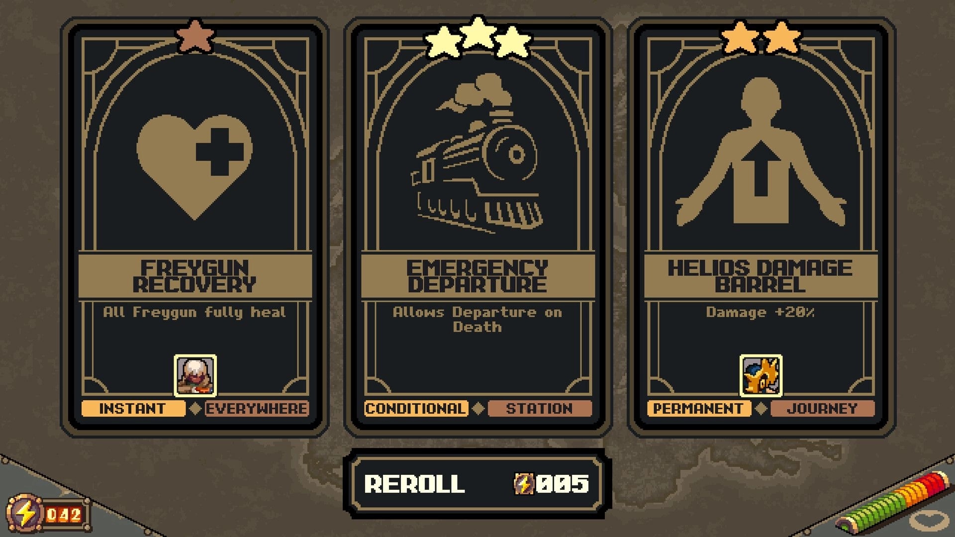 Australia Did It: Selection of three upgrade cards for Freygun, train, and damage boost options.