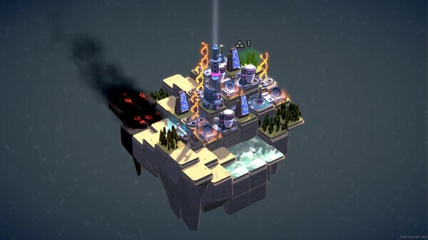 autarkis: Floating island with futuristic buildings and glowing portals surrounded by small forests