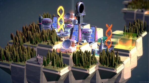 autarkis: Futuristic colony with glowing portals, surrounded by dense forest on a floating island.