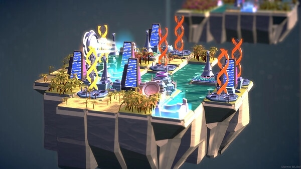 autarkis: Futuristic colony on floating island with tall buildings, twisting towers, and water features