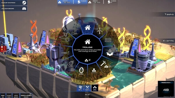 autarkis: Circular building menu over futuristic colony with vibrant structures and flowing water nearby