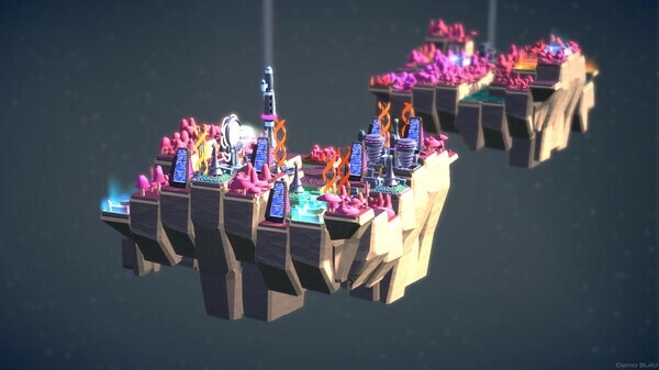 autarkis: Colorful floating islands with buildings and resources, connected by bridges in a starry sky