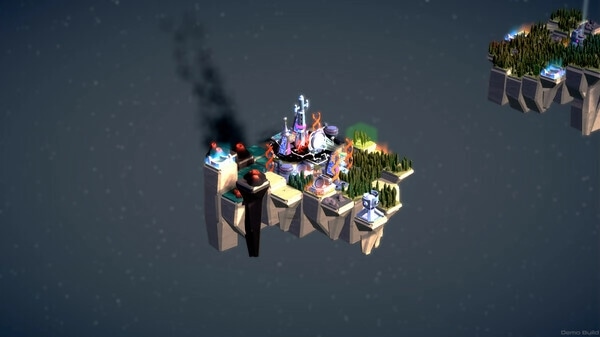 autarkis: Floating island with a central base, surrounded by trees and structures, in a starry void.