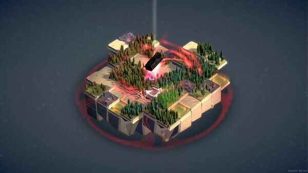 autarkis: Isometric view of a floating island with forests, portals, and glowing red energy beams