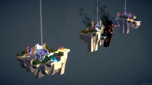 autarkis: Three floating islands with colorful portals and structures connected by narrow bridges in space.
