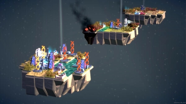 autarkis: Two floating islands with portals and resources in a starry sky setting
