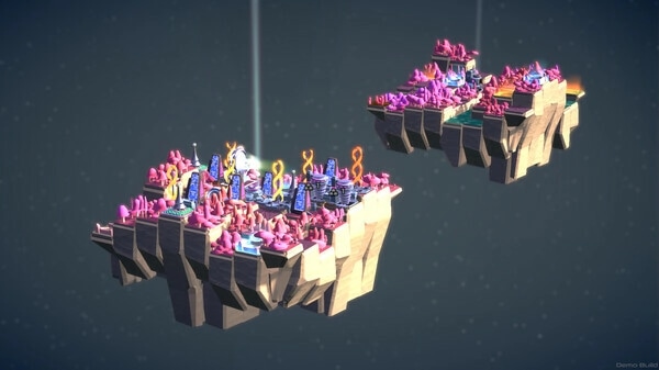 autarkis: Two floating islands with vibrant pink structures and glowing portals in a starry space environment
