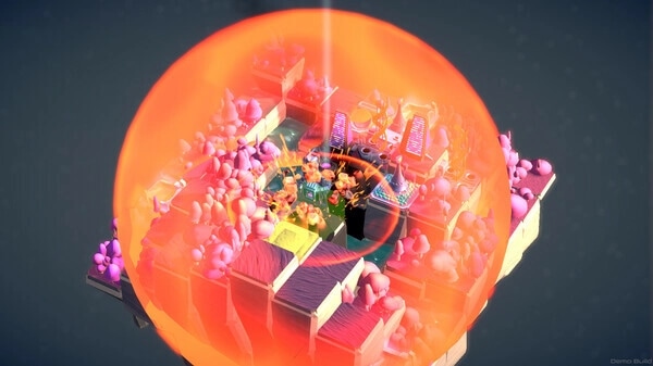 autarkis: Colony protected by a glowing orange shield amidst vibrant, abstract terrain with resources