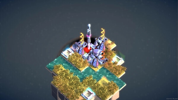 autarkis: Rocket launch pad surrounded by golden foliage on a floating platform in open space