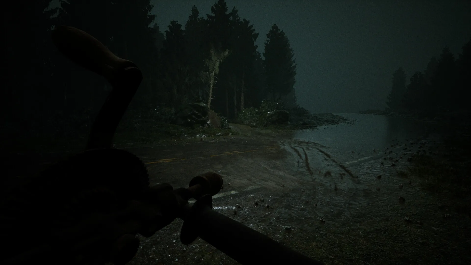 AUTO-CRISIS: Dark forest road with broken vehicle in heavy rain, eerie atmosphere visible at night